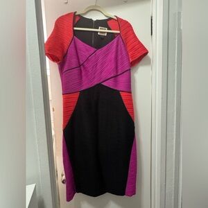 Nue by Shani Asymmetrical Dress in Red, Pink, and Black